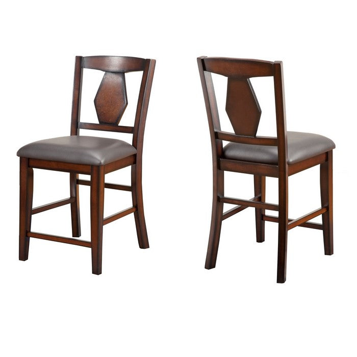 Wooden Pub Chair with Padded Seat and Fiddle Back, Set of 2, Brown and Gray