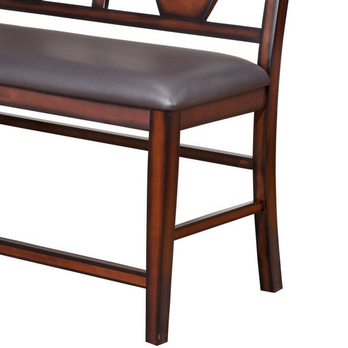 Leatherette Wooden Frame Pub Bench with Double Fiddle Back, Brown and Gray