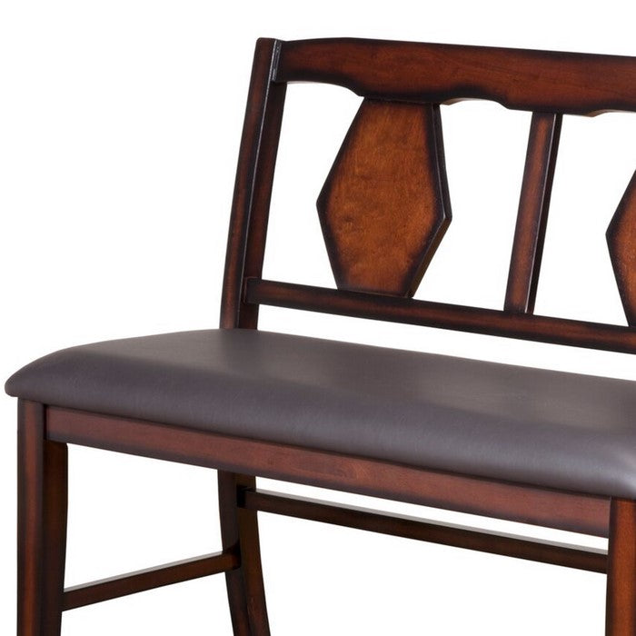 Leatherette Wooden Frame Pub Bench with Double Fiddle Back, Brown and Gray