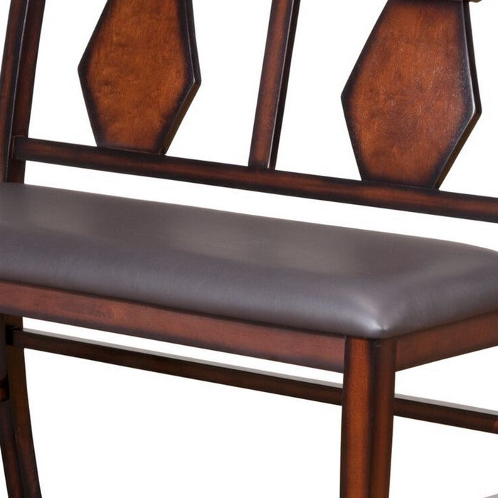 Leatherette Wooden Frame Pub Bench with Double Fiddle Back, Brown and Gray