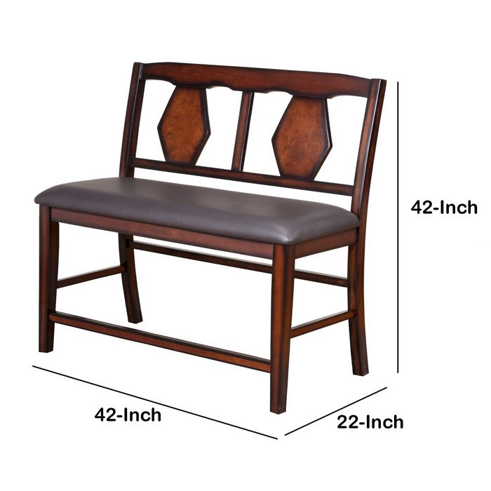 Leatherette Wooden Frame Pub Bench with Double Fiddle Back, Brown and Gray