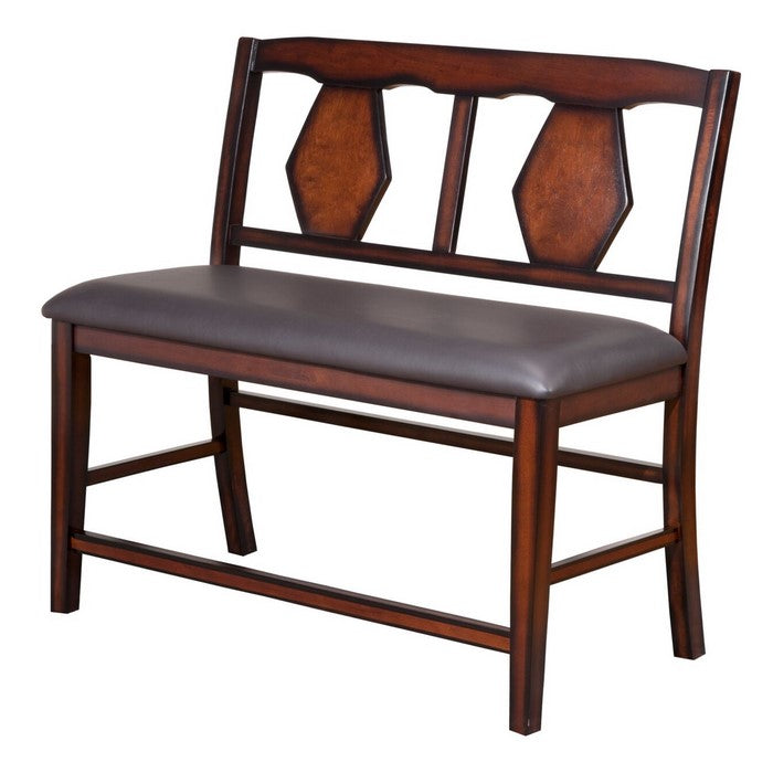 Leatherette Wooden Frame Pub Bench with Double Fiddle Back, Brown and Gray