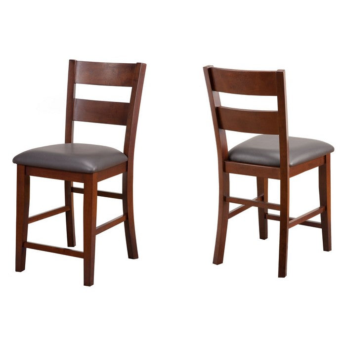 Wooden Pub Chair with Padded Seat and Ladder Back, Set of 2, Brown and Gray