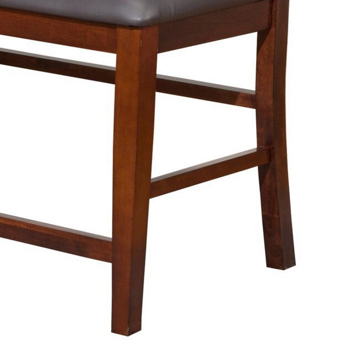 Leatherette Padded Wooden Pub Bench with Double Ladded Back, Brown and Gray