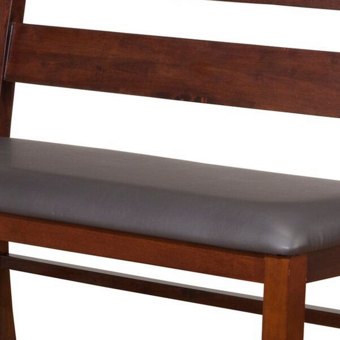 Leatherette Padded Wooden Pub Bench with Double Ladded Back, Brown and Gray