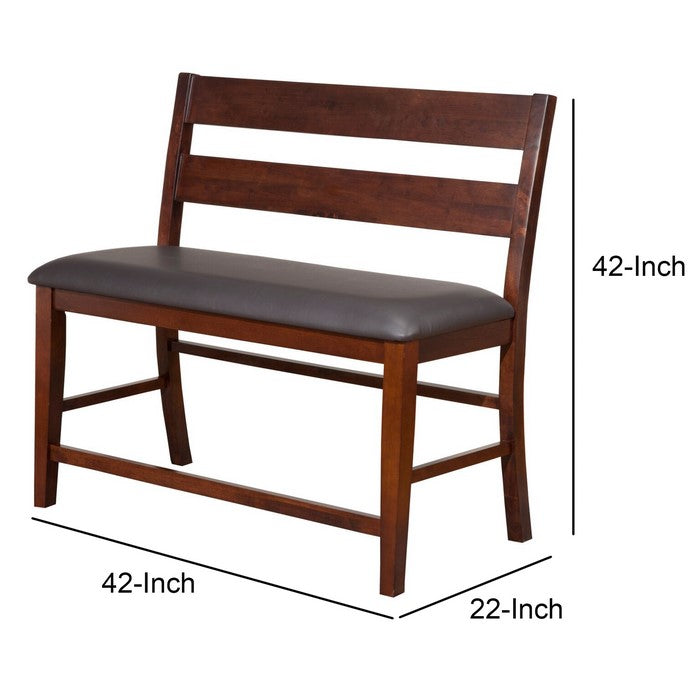 Leatherette Padded Wooden Pub Bench with Double Ladded Back, Brown and Gray