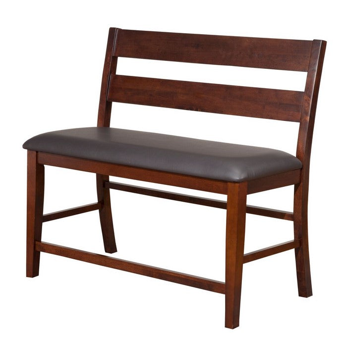 Leatherette Padded Wooden Pub Bench with Double Ladded Back, Brown and Gray