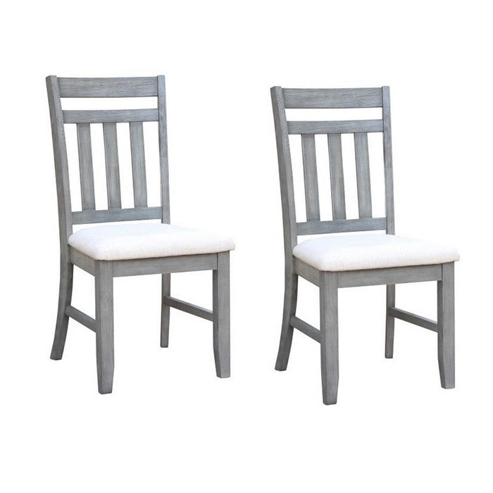 Fabric Upholstered Dining Chair with Slatted Back, Set of 2, White and Gray