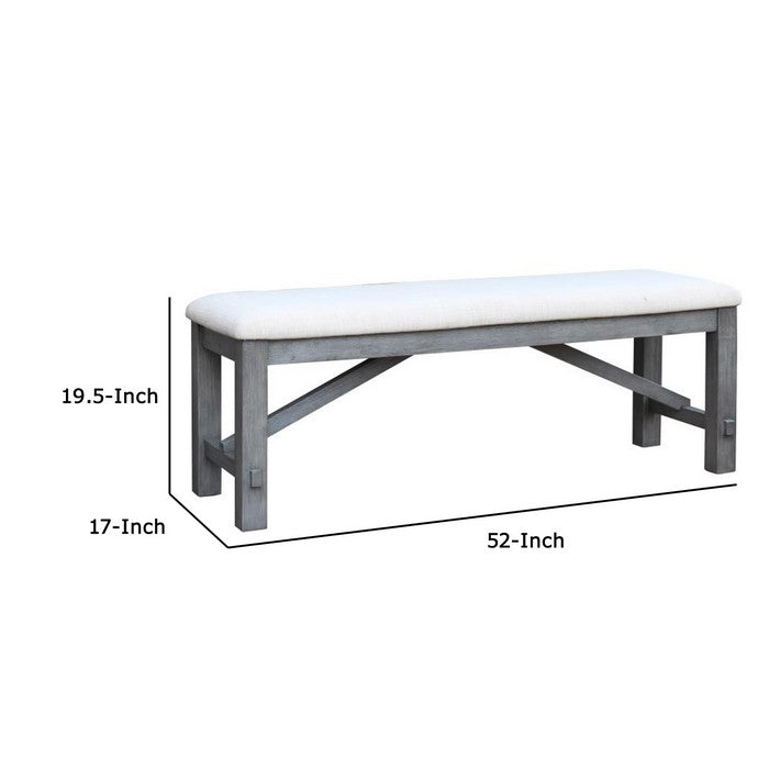 Rectangular Padded Dining Bench with Braces Support, White and Gray