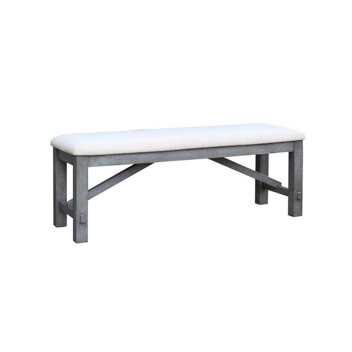 Rectangular Padded Dining Bench with Braces Support, White and Gray