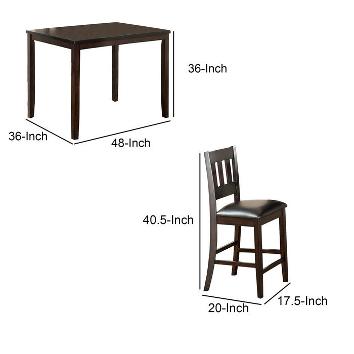 5 Piece Wooden Pub Set with Leatherette Seating and Slatted Back, Dark Brown
