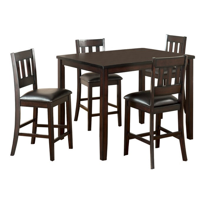 5 Piece Wooden Pub Set with Leatherette Seating and Slatted Back, Dark Brown