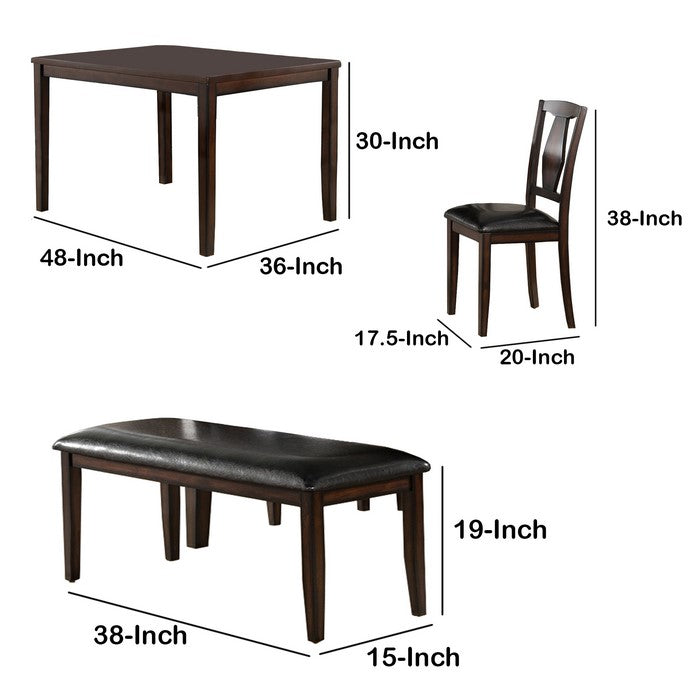 6 Piece Wooden Dining Set with Leatherette Seating, Espresso Brown