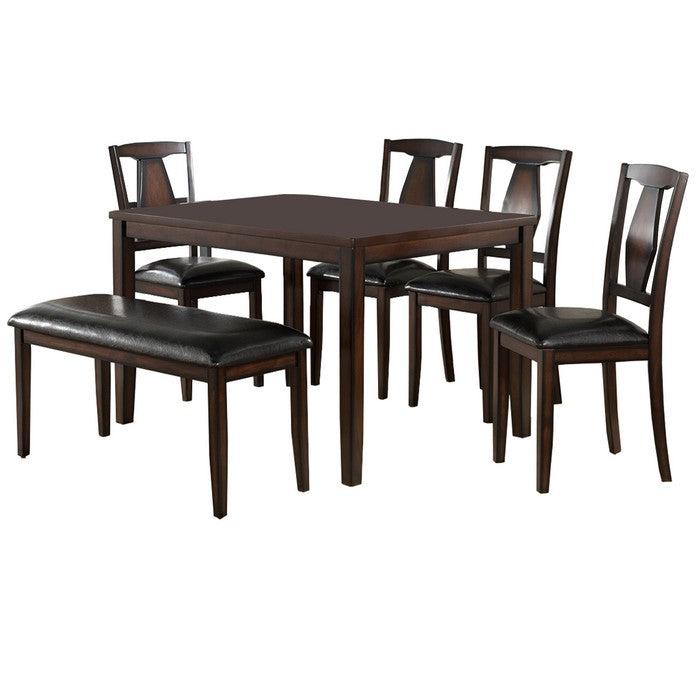 6 Piece Wooden Dining Set with Leatherette Seating, Espresso Brown