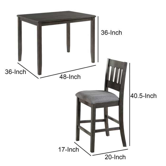 5 Piece Pub Set with Fabric Padded Seat and Slatted Back, Gray