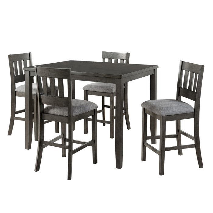 5 Piece Pub Set with Fabric Padded Seat and Slatted Back, Gray
