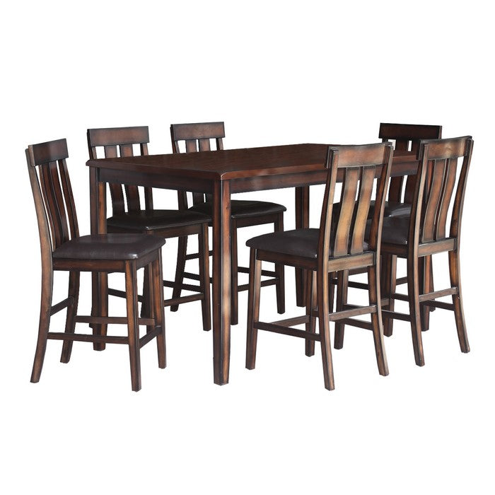 Wooden Pub Set with 6 Leatherette Chair and 1 Table, Brown