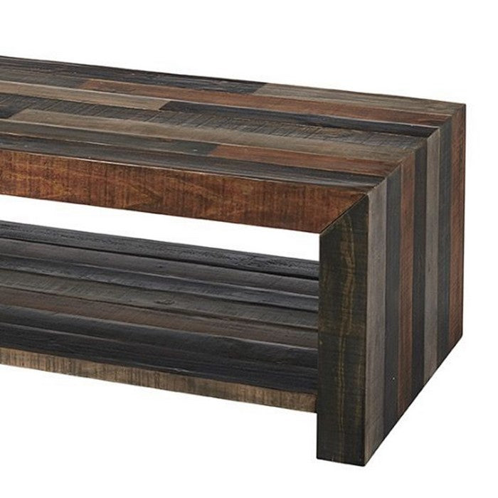 Plank Style Rectangular Cocktail Table with 1 Open Shelf, Gray and Brown