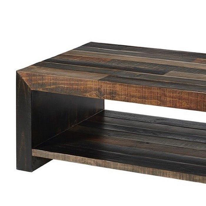 Plank Style Rectangular Cocktail Table with 1 Open Shelf, Gray and Brown