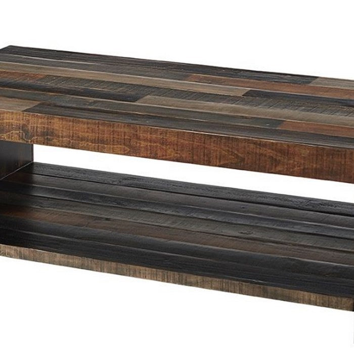Plank Style Rectangular Cocktail Table with 1 Open Shelf, Gray and Brown