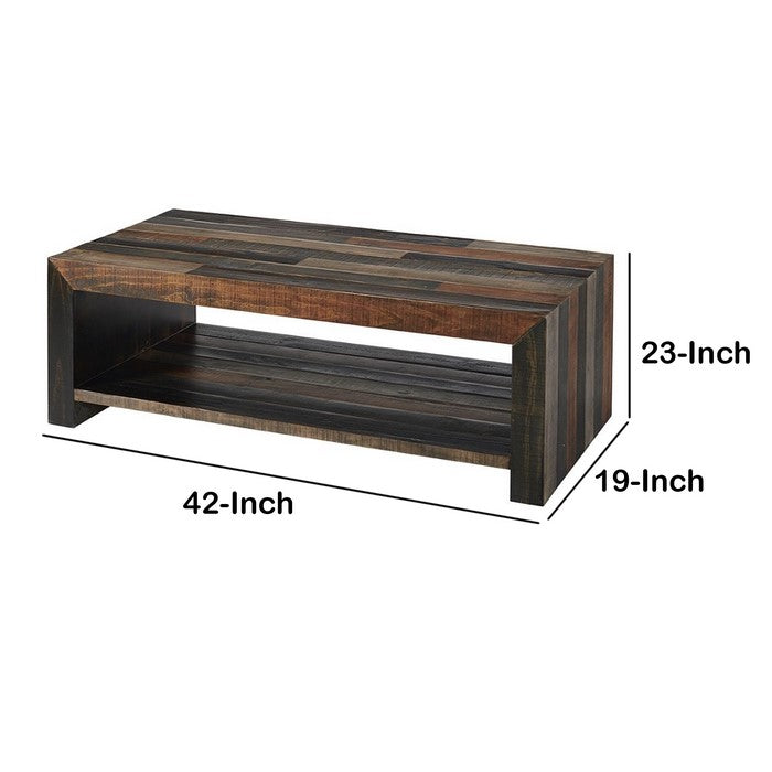 Plank Style Rectangular Cocktail Table with 1 Open Shelf, Gray and Brown