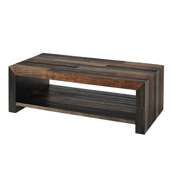 Plank Style Rectangular Cocktail Table with 1 Open Shelf, Gray and Brown