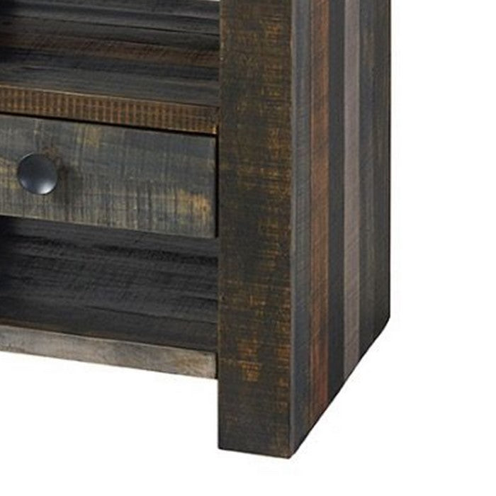 Plank Wooden End Table with 1 Drawer and 2 Open Shelves, Gray and Brown