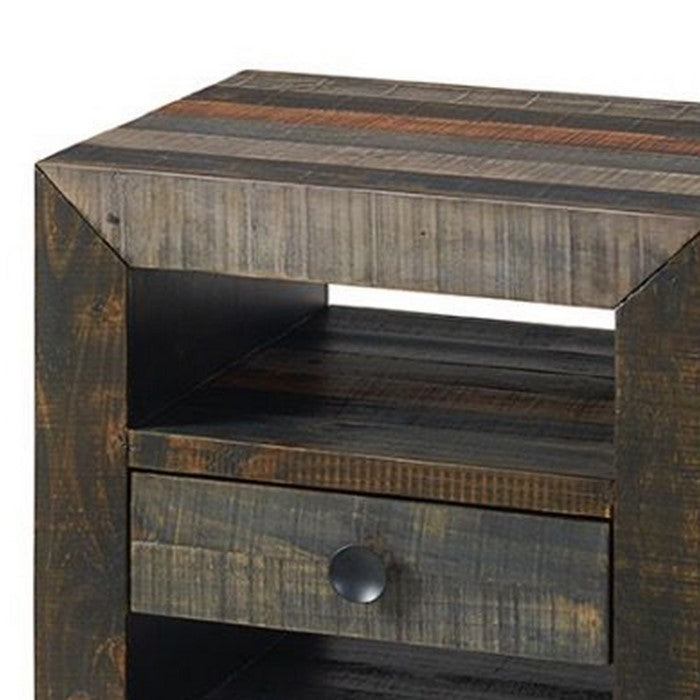 Plank Wooden End Table with 1 Drawer and 2 Open Shelves, Gray and Brown