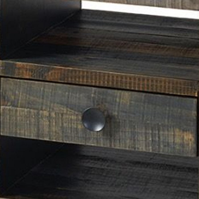 Plank Wooden End Table with 1 Drawer and 2 Open Shelves, Gray and Brown