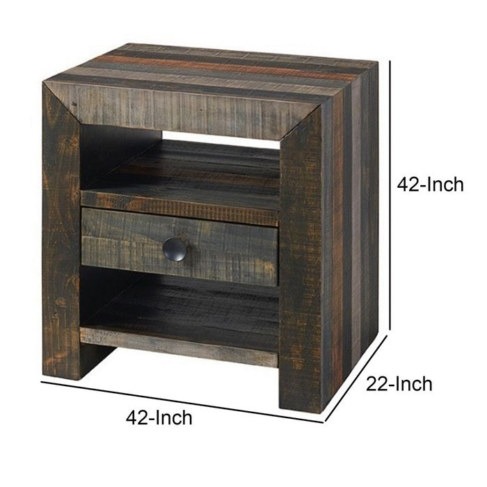 Plank Wooden End Table with 1 Drawer and 2 Open Shelves, Gray and Brown