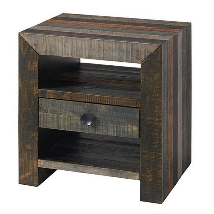 Plank Wooden End Table with 1 Drawer and 2 Open Shelves, Gray and Brown