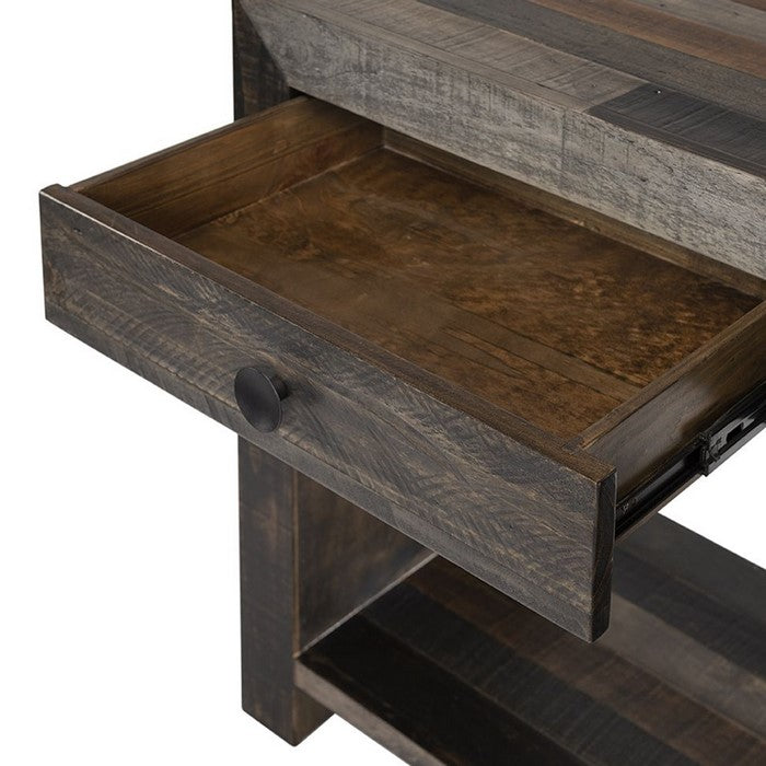 Plank Style Wooden Sofa Table with 2 Drawers and Sled Base, Brown and Gray