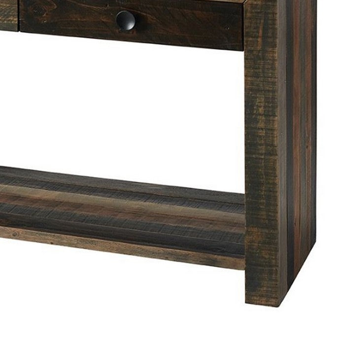 Plank Style Wooden Sofa Table with 2 Drawers and Sled Base, Brown and Gray
