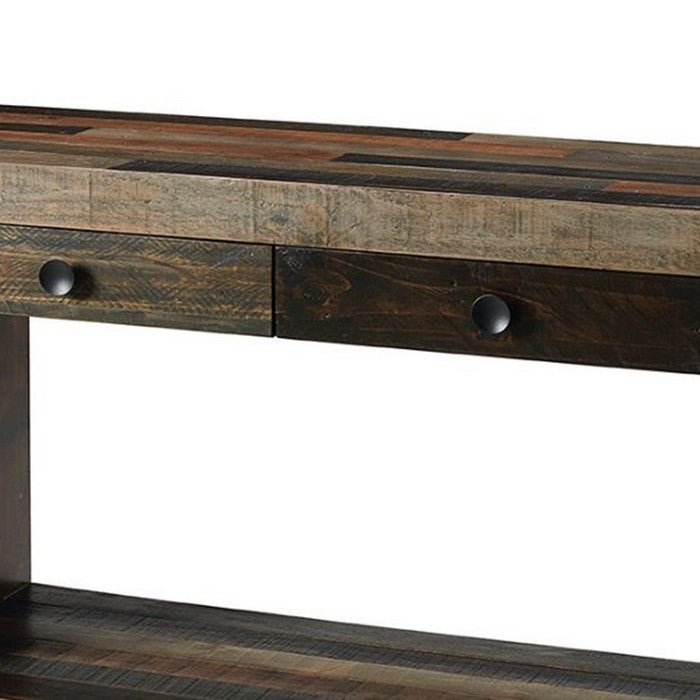 Plank Style Wooden Sofa Table with 2 Drawers and Sled Base, Brown and Gray