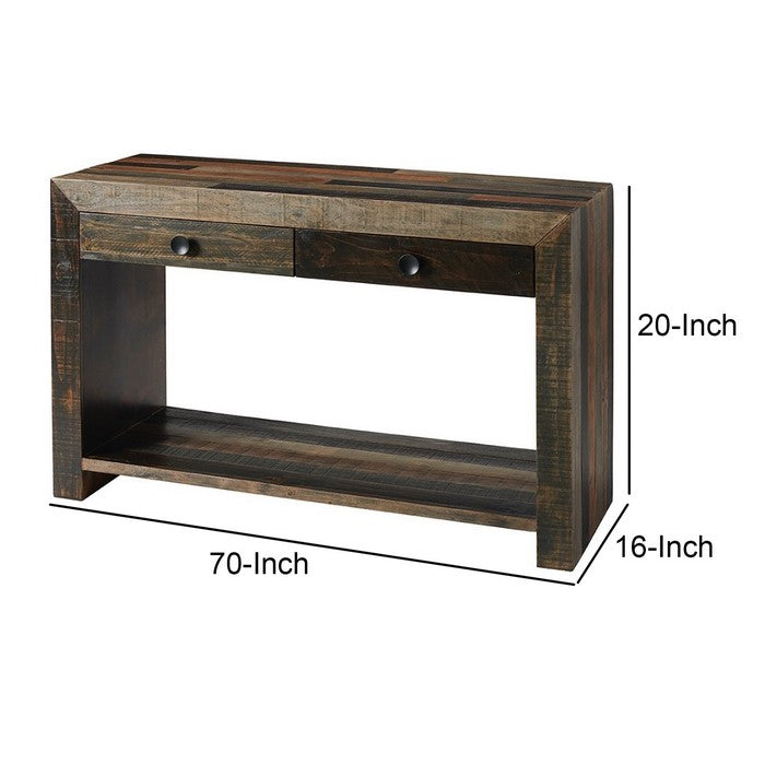 Plank Style Wooden Sofa Table with 2 Drawers and Sled Base, Brown and Gray