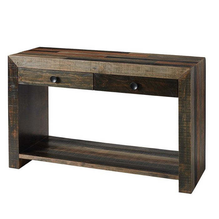 Plank Style Wooden Sofa Table with 2 Drawers and Sled Base, Brown and Gray