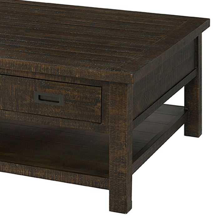 Plank Style Wooden Cocktail Table with 6 Drawers and 1 Bottom Shelf, Brown