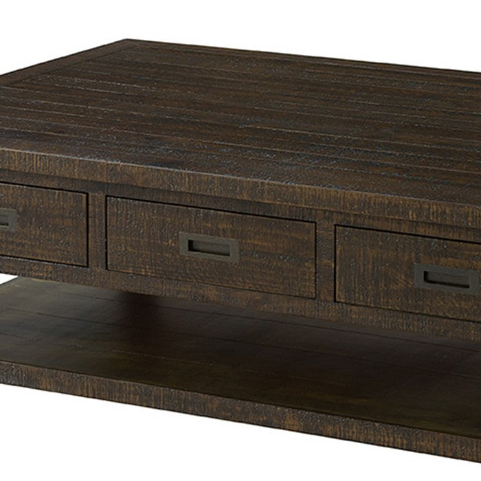 Plank Style Wooden Cocktail Table with 6 Drawers and 1 Bottom Shelf, Brown