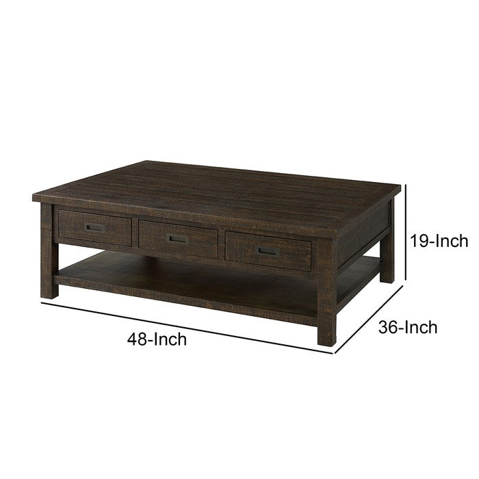 Plank Style Wooden Cocktail Table with 6 Drawers and 1 Bottom Shelf, Brown