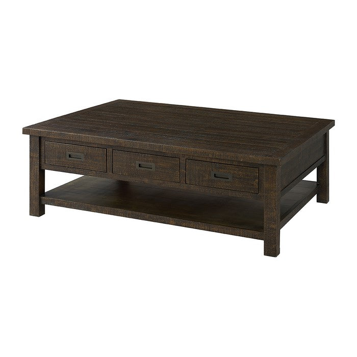 Plank Style Wooden Cocktail Table with 6 Drawers and 1 Bottom Shelf, Brown