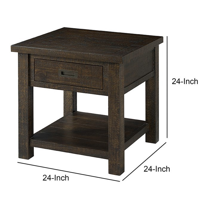 Wooden End Table with Open Bottom Shelf and 1 Drawer, Brown