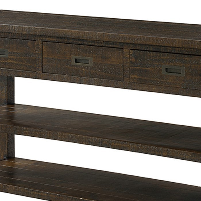 Plank Style Wooden Sofa Table with 3 Drawers and 2 Open Shelves, Brown