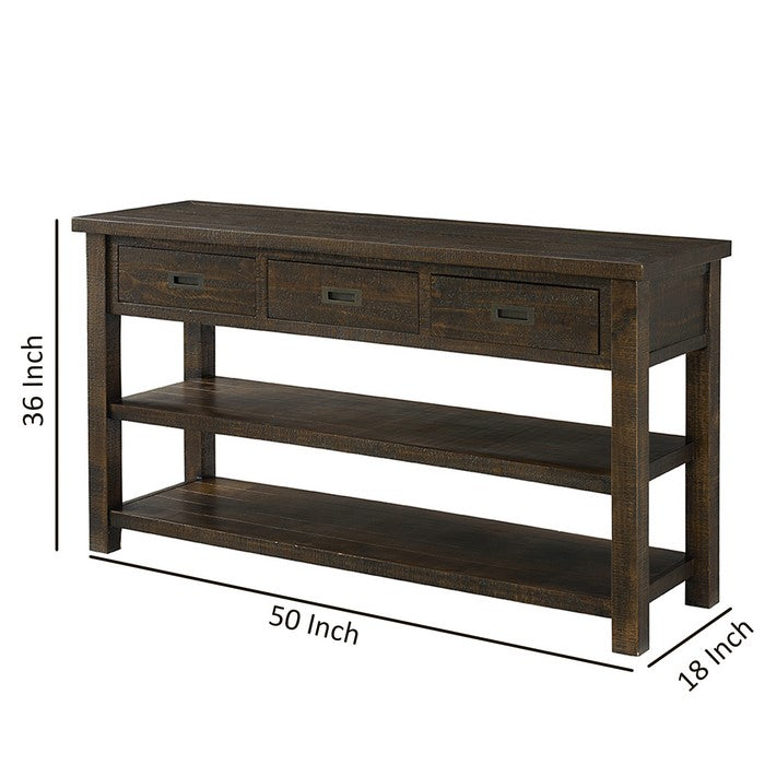 Plank Style Wooden Sofa Table with 3 Drawers and 2 Open Shelves, Brown