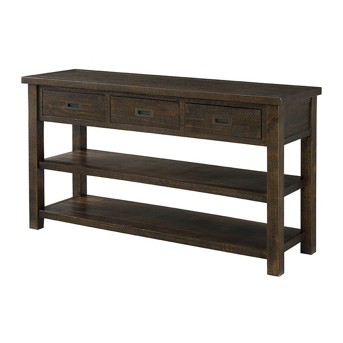 Plank Style Wooden Sofa Table with 3 Drawers and 2 Open Shelves, Brown