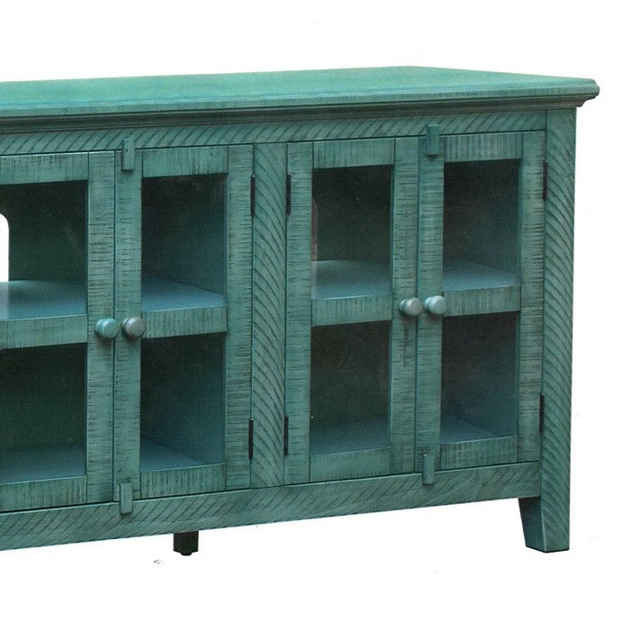 Wooden TV Stand with 3 Door Cabinets with Barn Latch, Antique Blue