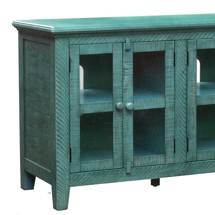 Wooden TV Stand with 3 Door Cabinets with Barn Latch, Antique Blue