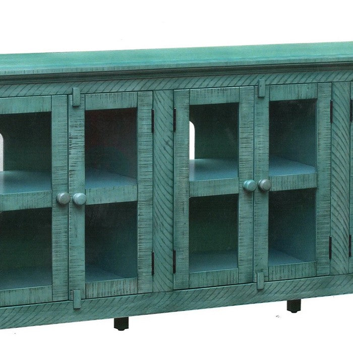 Wooden TV Stand with 3 Door Cabinets with Barn Latch, Antique Blue