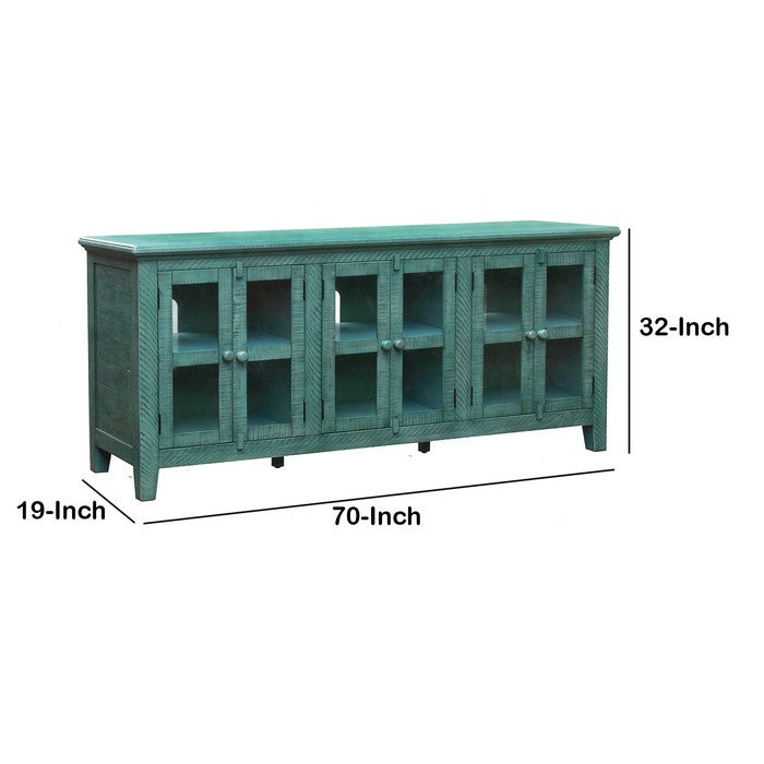 Wooden TV Stand with 3 Door Cabinets with Barn Latch, Antique Blue