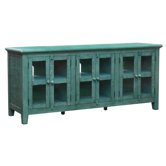 Wooden TV Stand with 3 Door Cabinets with Barn Latch, Antique Blue