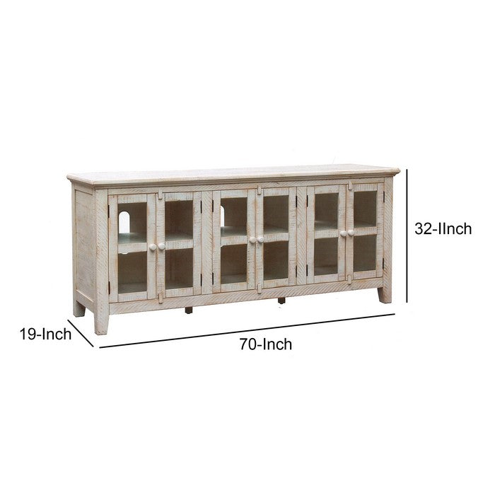 Wooden TV Stand with 3 Door Cabinets with Barn Latch, Antique White